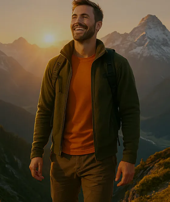 Mann lächelt an einem Berghang im Morgenlicht, hinter ihm ein verschneiter Gipfel